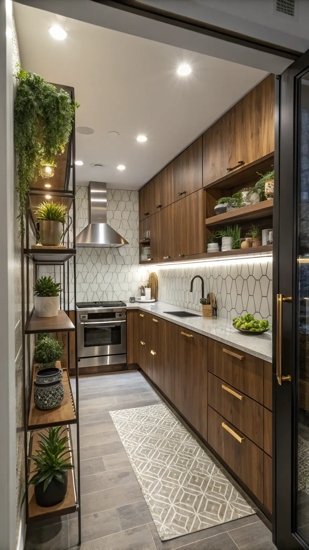 Compact 10x12ft urban kitchen with vertical walnut cabinets, floating shelves, metallic accents, and geometric decor, viewed from the entrance.