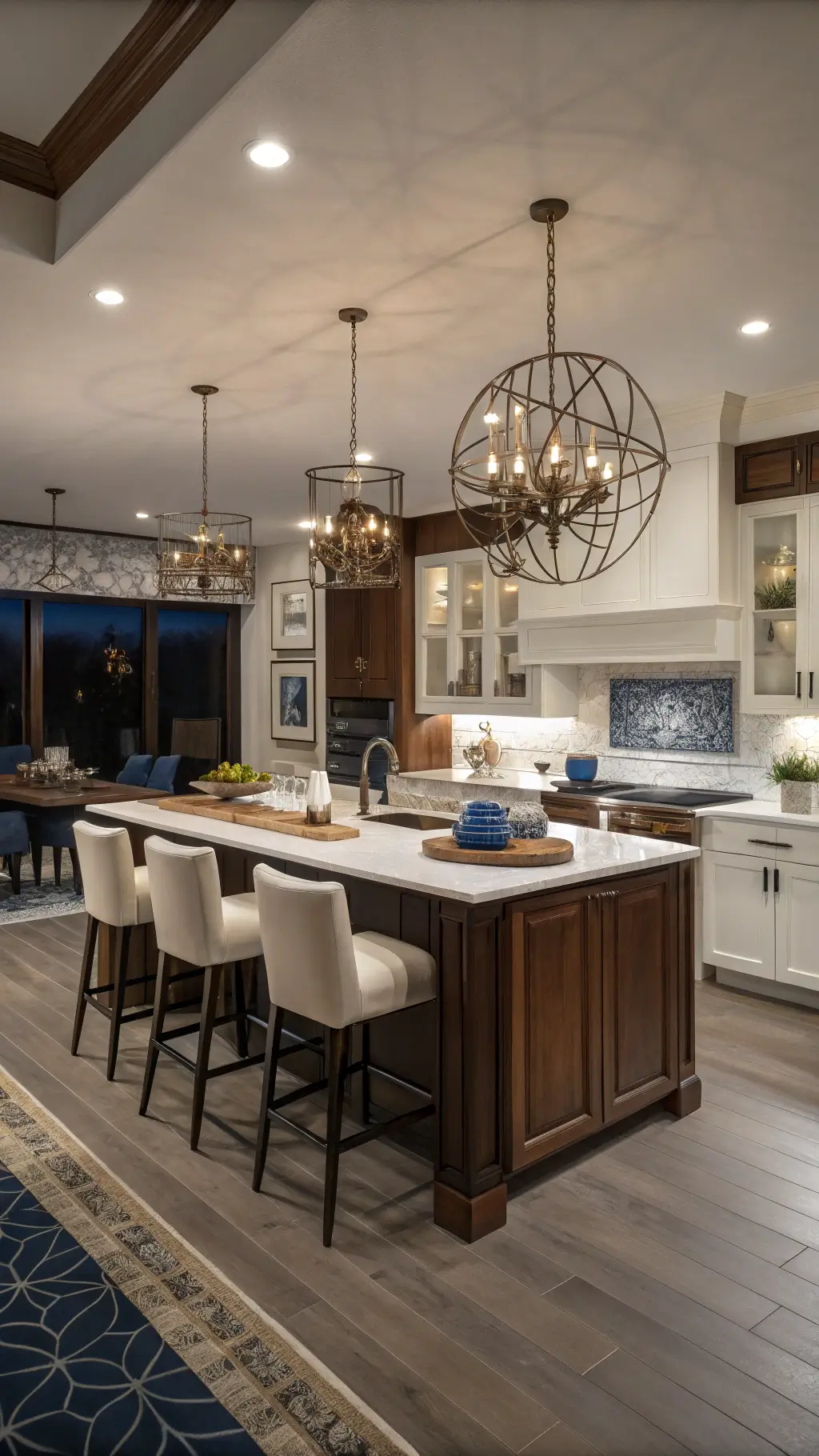 Open-plan kitchen with walnut and white cabinetry, expansive island seating six, dramatic chandelier casting shadows, and modern decorative accents in moody evening light.