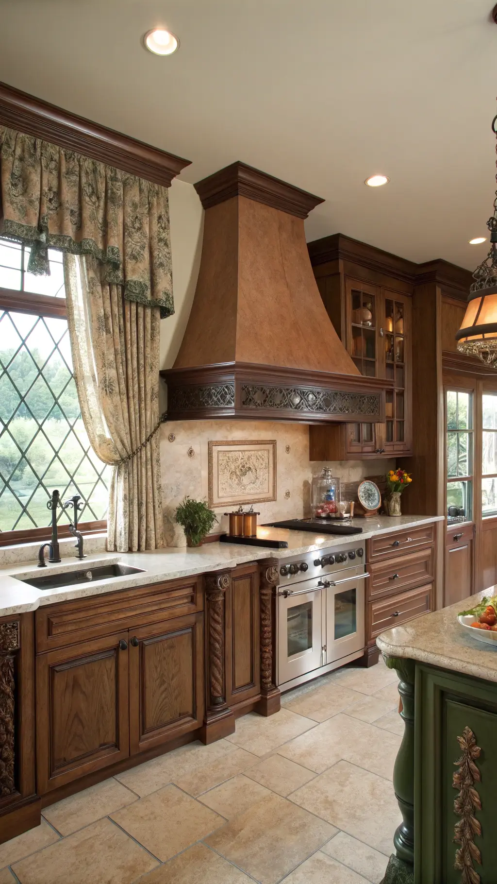 Classic 15x15ft kitchen with walnut cabinetry, hammered copper range hood, morning sunlight filtering through cafe curtains, featuring antique ceramics and copper accents near a butler’s pantry.