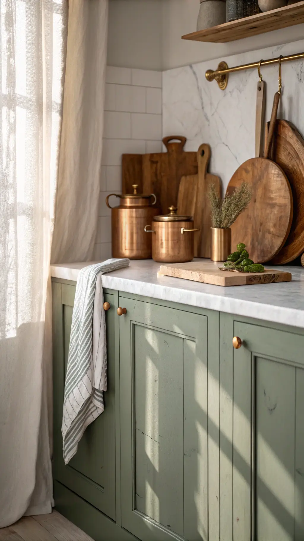 Detailed view of sage green cabinetry corner with brass handle, white marble backsplash, copper pots, wooden boards, and linen towels bathed in gentle morning light.