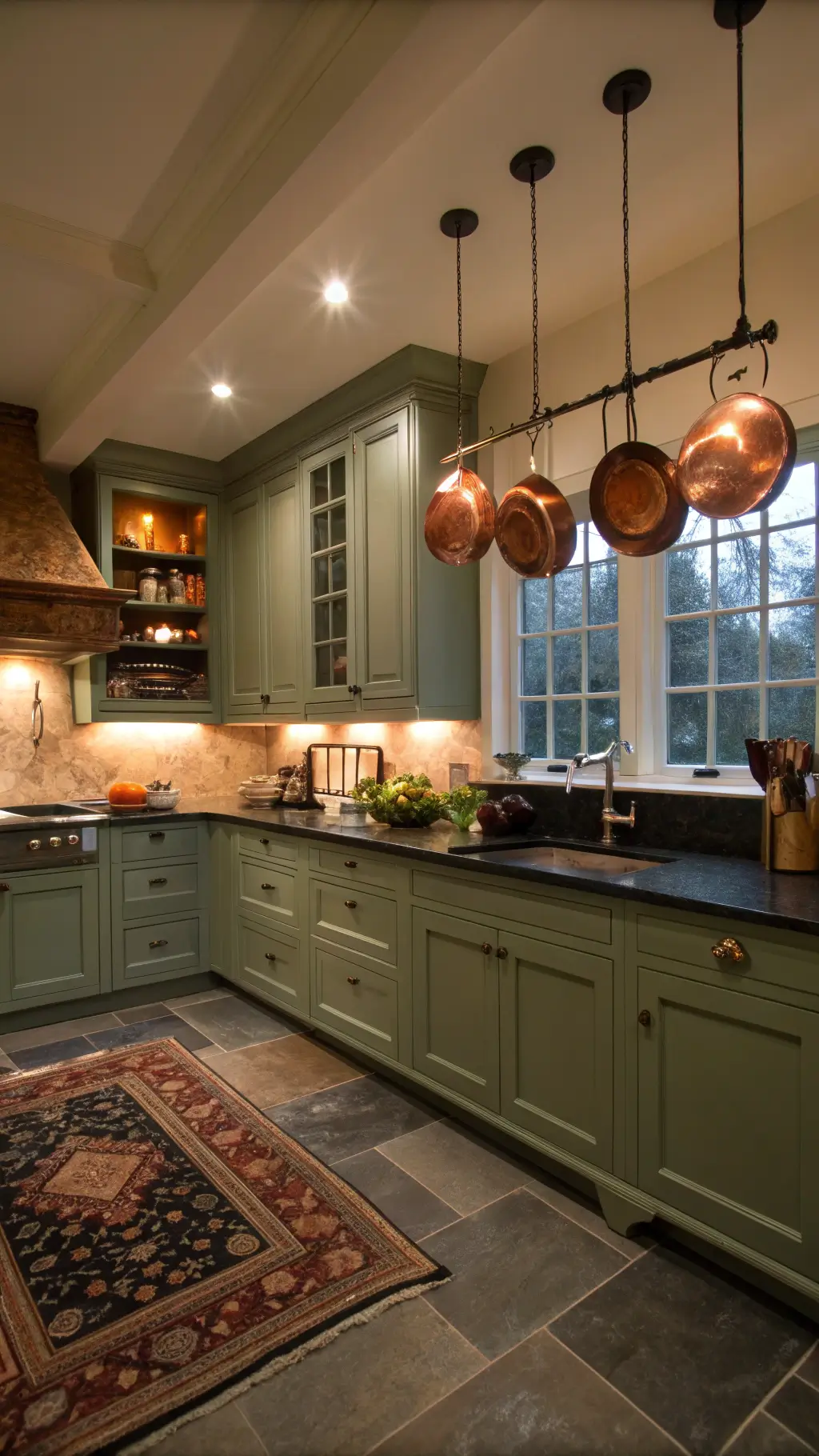 L-shaped sage green kitchen at twilight featuring dark soapstone counters, copper cookware, warm under-cabinet lighting, and a vintage Persian rug.