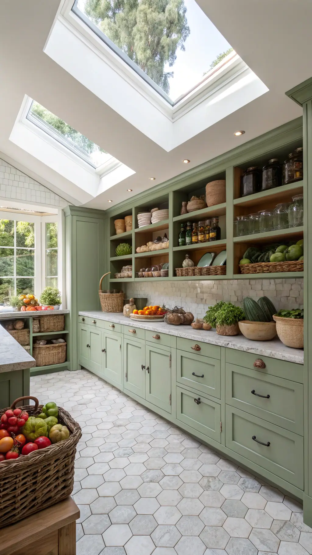 Bright kitchen with sage green pantry wall, white oak shelving with pottery, marble hexagonal tile flooring, and fresh produce in ceramic bowls.