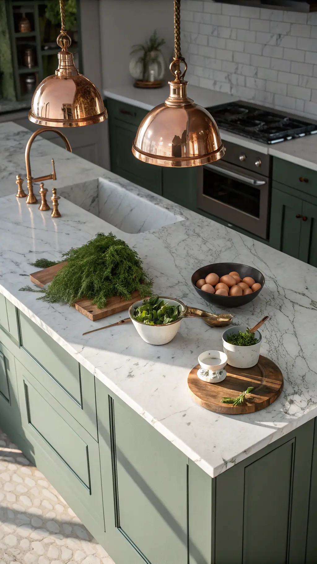 Sage green kitchen island with white marble waterfall countertop, copper pendant reflections, artisanal breadboard, fresh herbs, and ceramic bowls in soft afternoon light.