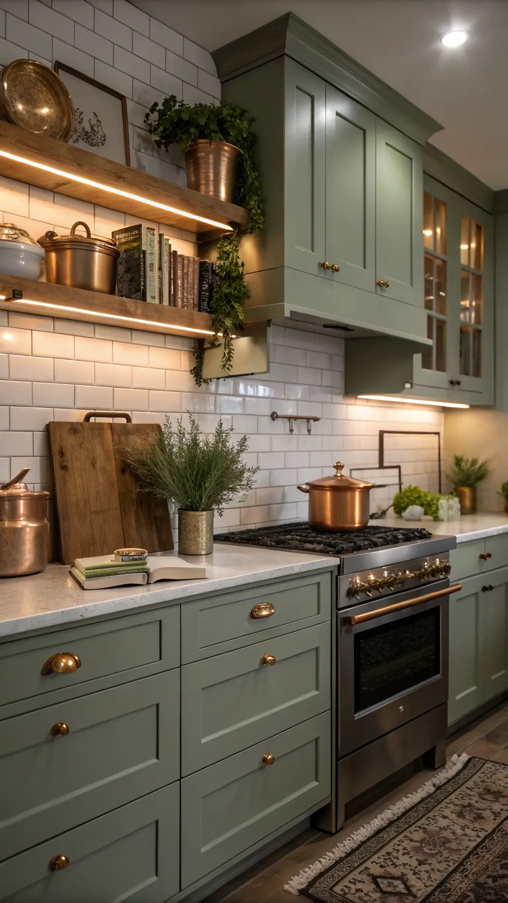 Elegant evening kitchen with sage green cabinets, mixed metal fixtures, white subway tile backsplash, and ambient wall sconces.