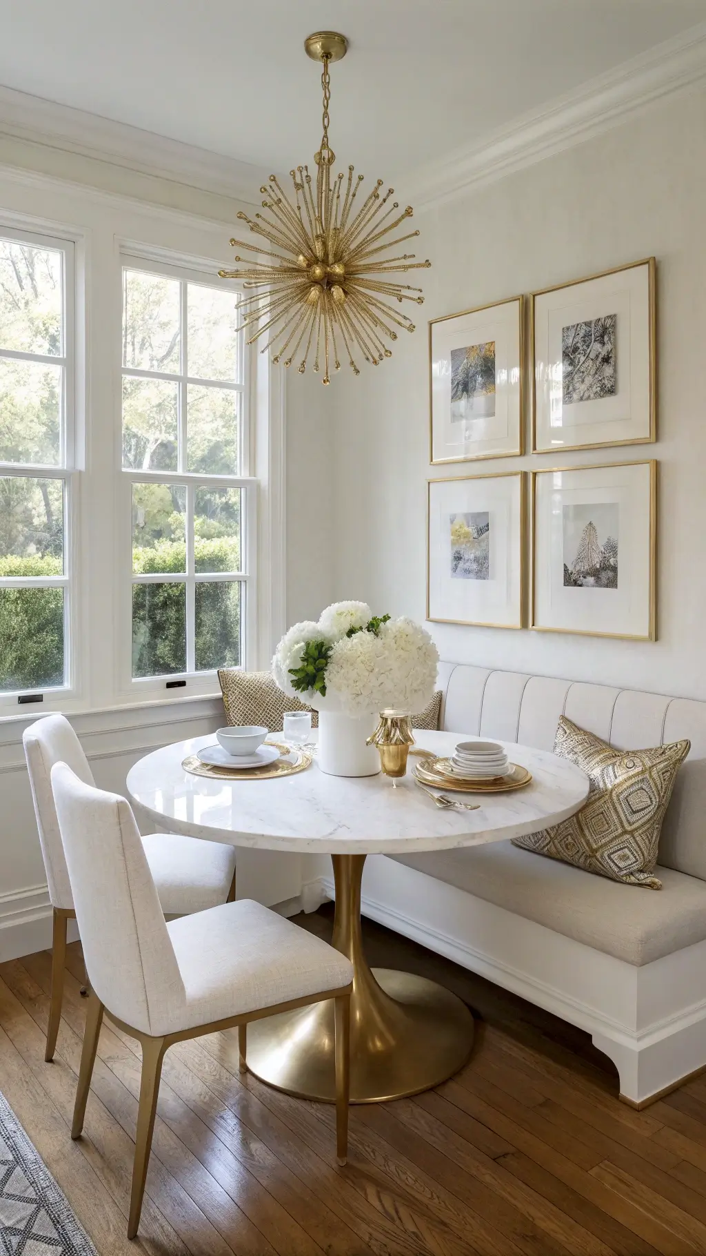 Cozy kitchen nook with white marble table, white banquette seating, gold accents, and soft eastern light illuminating hydrangeas centerpiece and gallery wall.