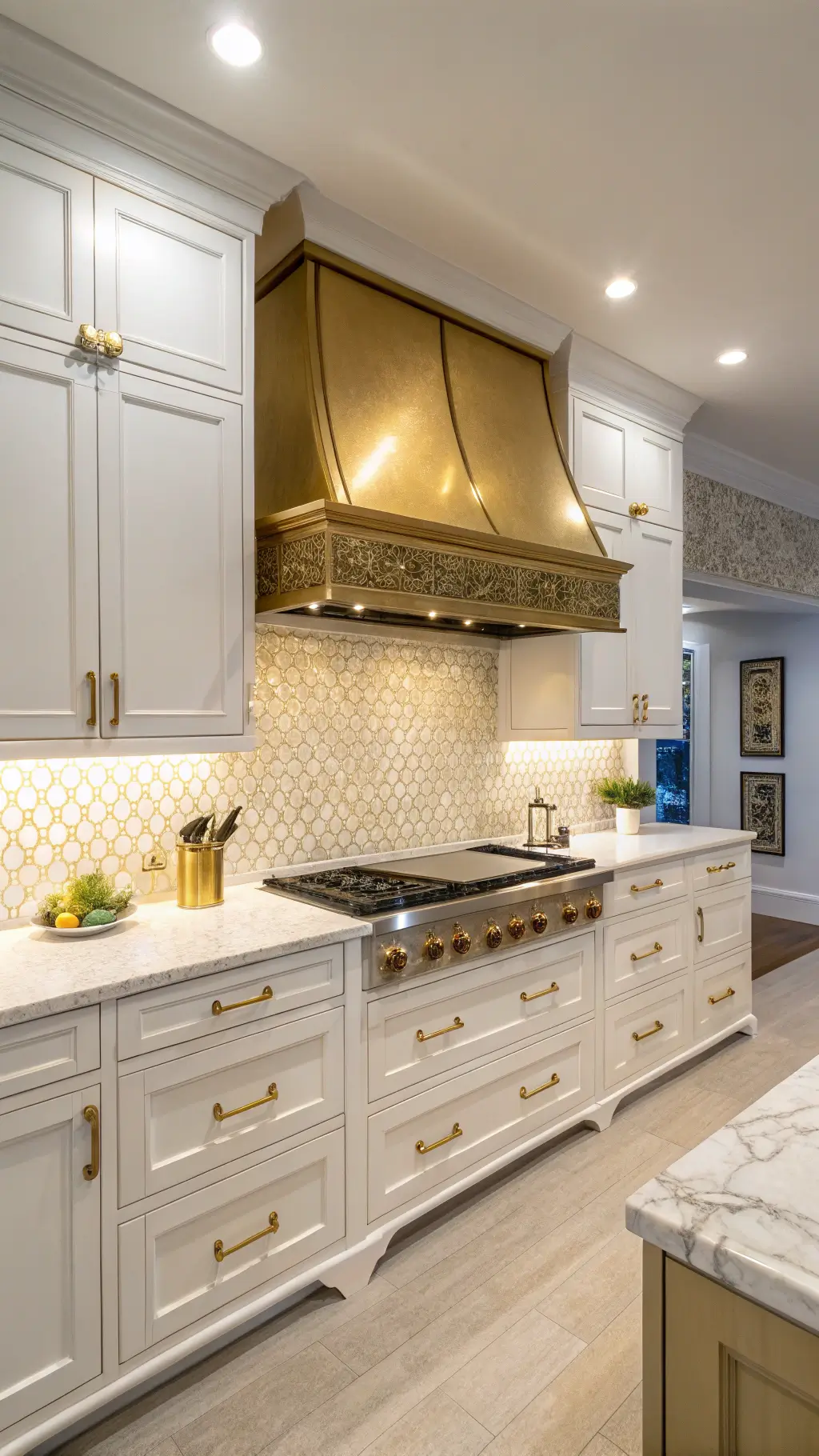 Luxury kitchen with gold range hood, white cabinetry, brass-accented range, mosaic tile backsplash, and marble countertops with white ceramics and metallic accents.