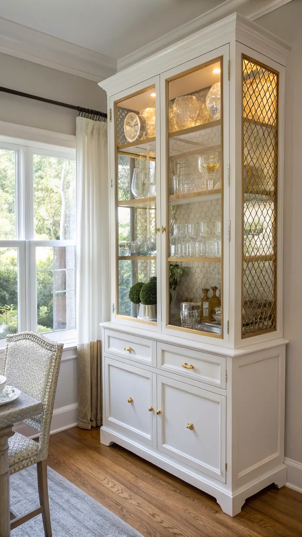 Kitchen corner with white china cabinet featuring gold mesh inserts, illuminated interior displaying crystal and porcelain, gold bar cart with decanters, and gold-rimmed mirrors reflecting natural light.