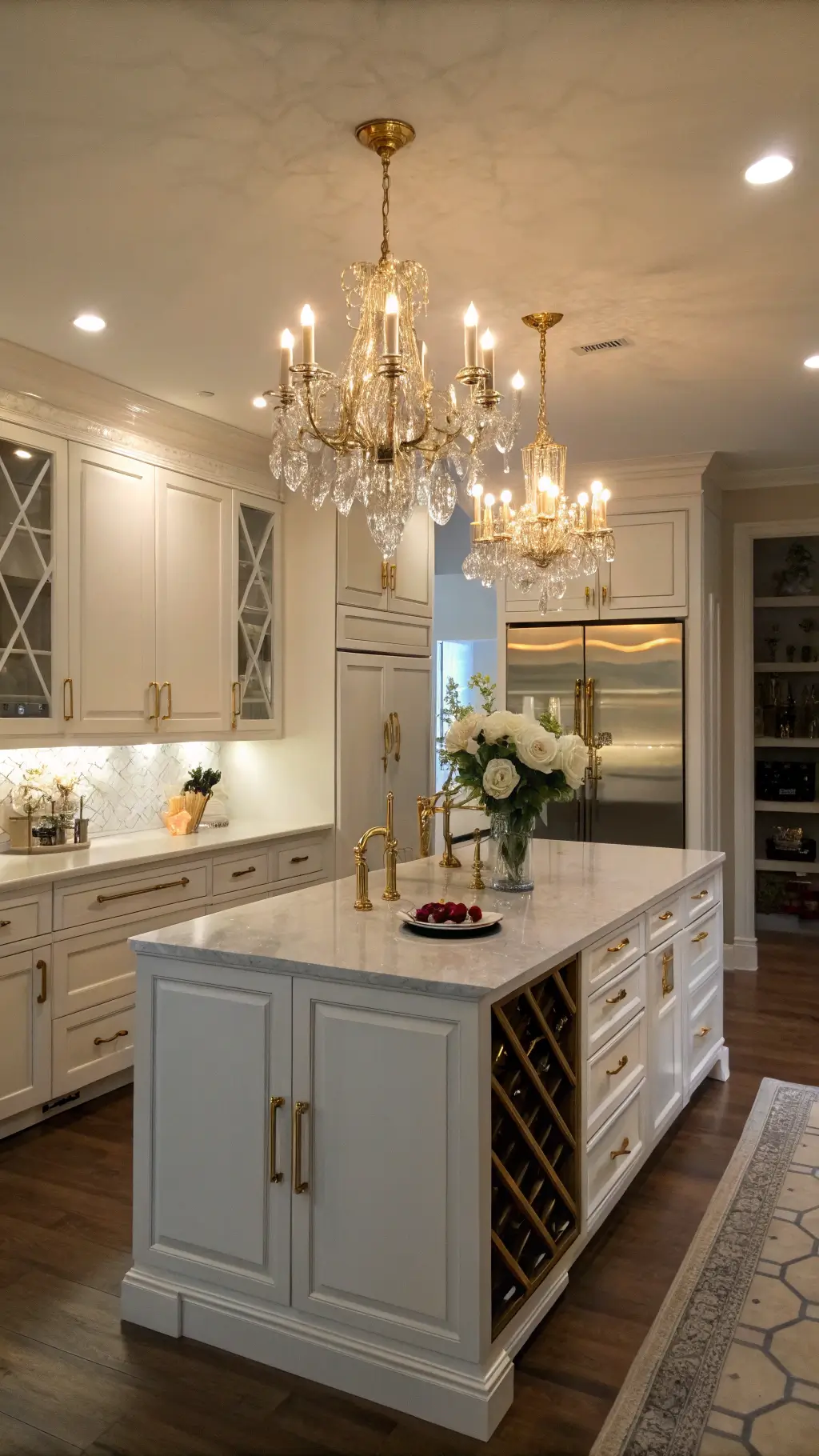 Twilight kitchen with dramatic chandelier lighting over large island, white lacquered cabinets, gold hardware, paneled fridge, wine storage, and elegant gold-accented decor.