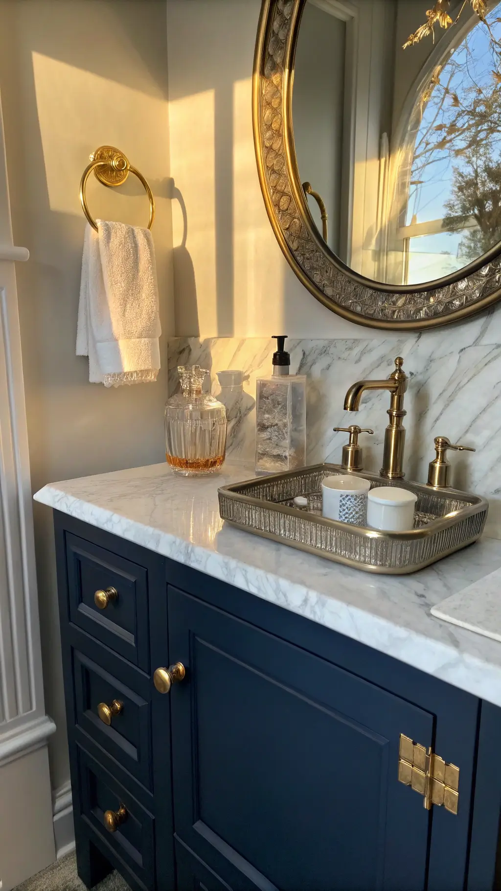 Cozy powder room with deep blue cabinetry, brass hardware, and marble countertop bathed in warm light.