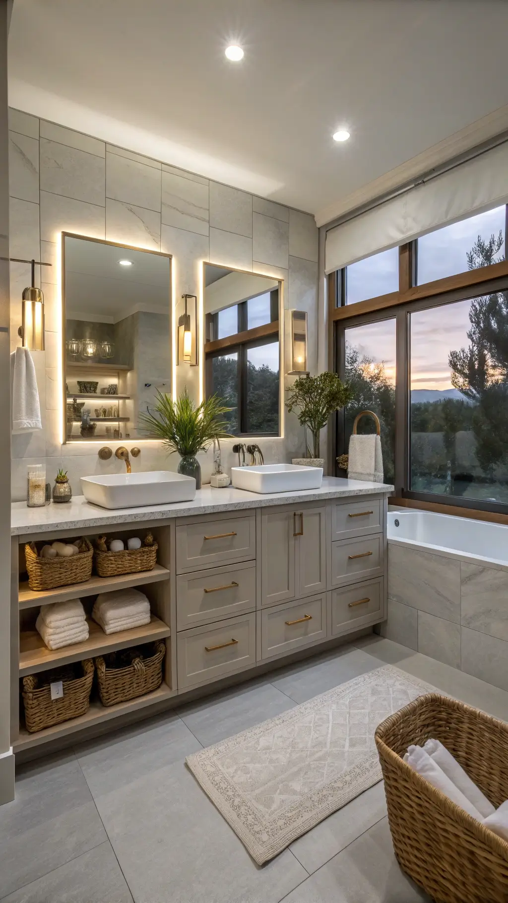 Serene spa-inspired bathroom with floating greige cabinets, gold hardware, LED lighting, and natural decor accents.