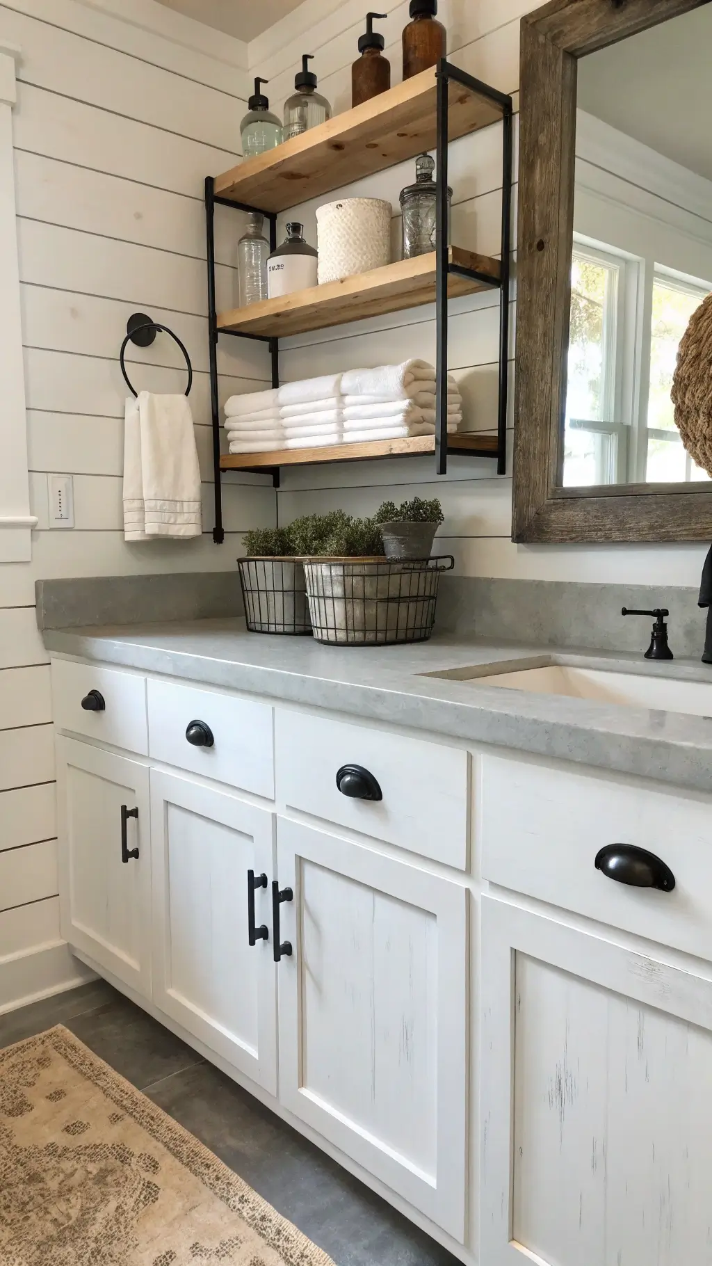 Charming farmhouse bathroom with distressed white cabinets, shiplap walls, open shelving, and rustic decorative touches.