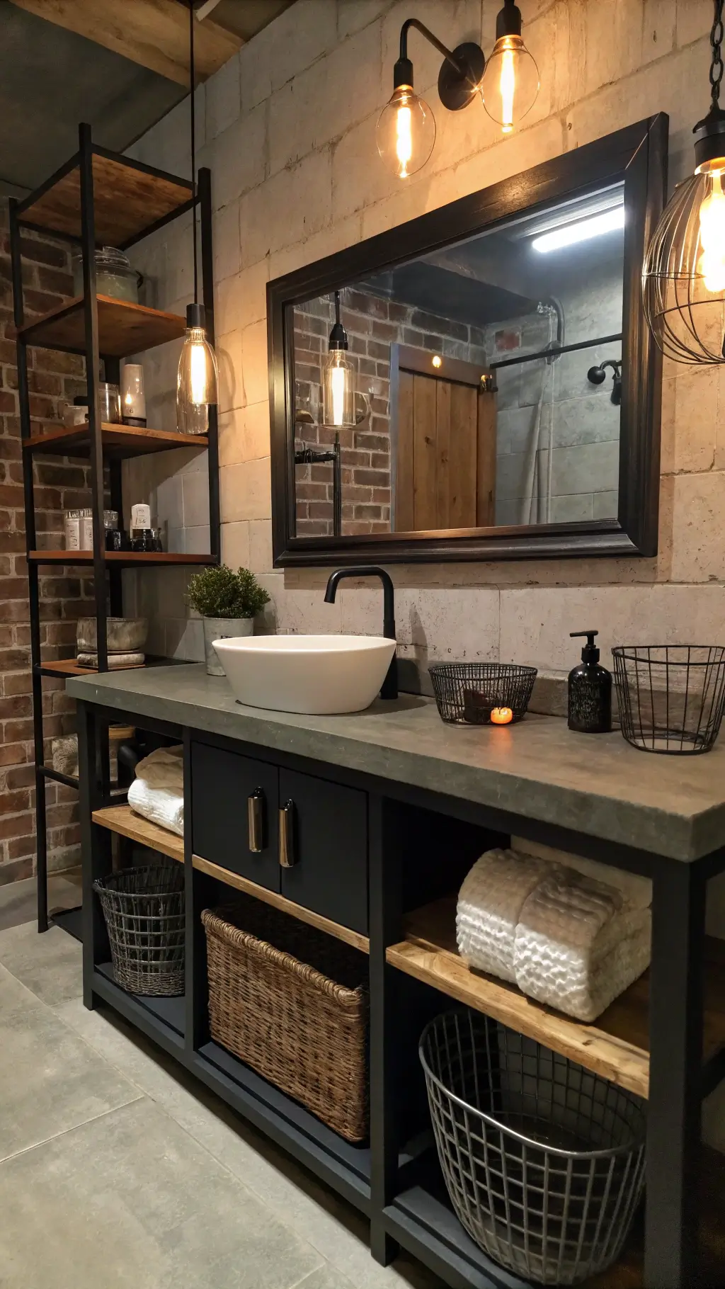 Industrial-style bathroom with reclaimed wood shelving, black metal cabinets, Edison bulb lighting, and wire basket storage.