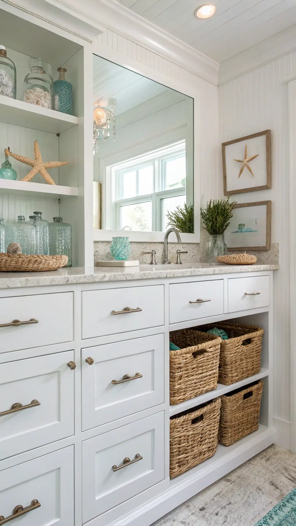 Coastal-themed bathroom with white beadboard cabinets, rope handles, sea glass accents, coral decor, woven baskets, and quartzite surfaces.