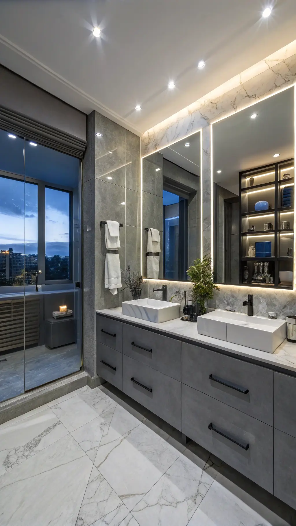 Modern bathroom with tall gray cabinets, marble countertops, LED lighting, and organized storage during evening light.