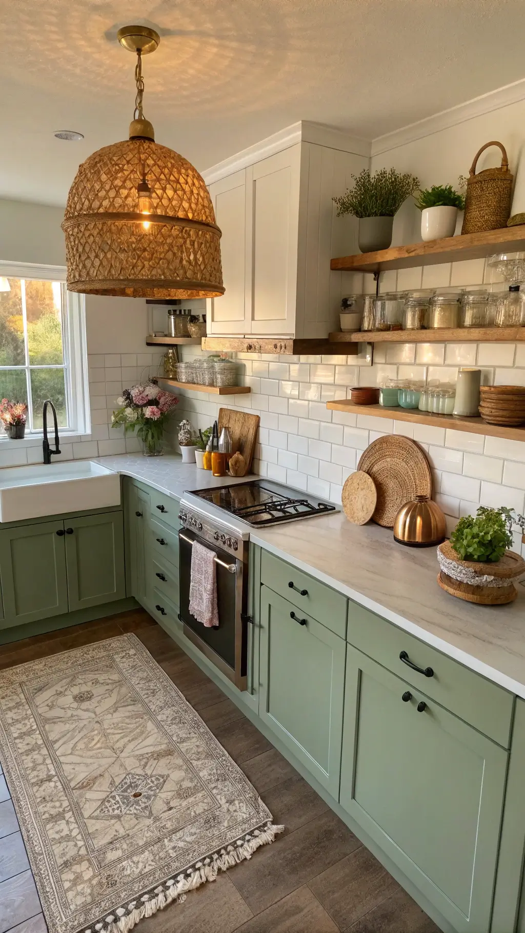 Inviting kitchen with sage green lower cabinets, white upper cabinets, rattan pendant lighting, butcher block countertops, and open shelves displaying pottery and copper cookware during golden hour.