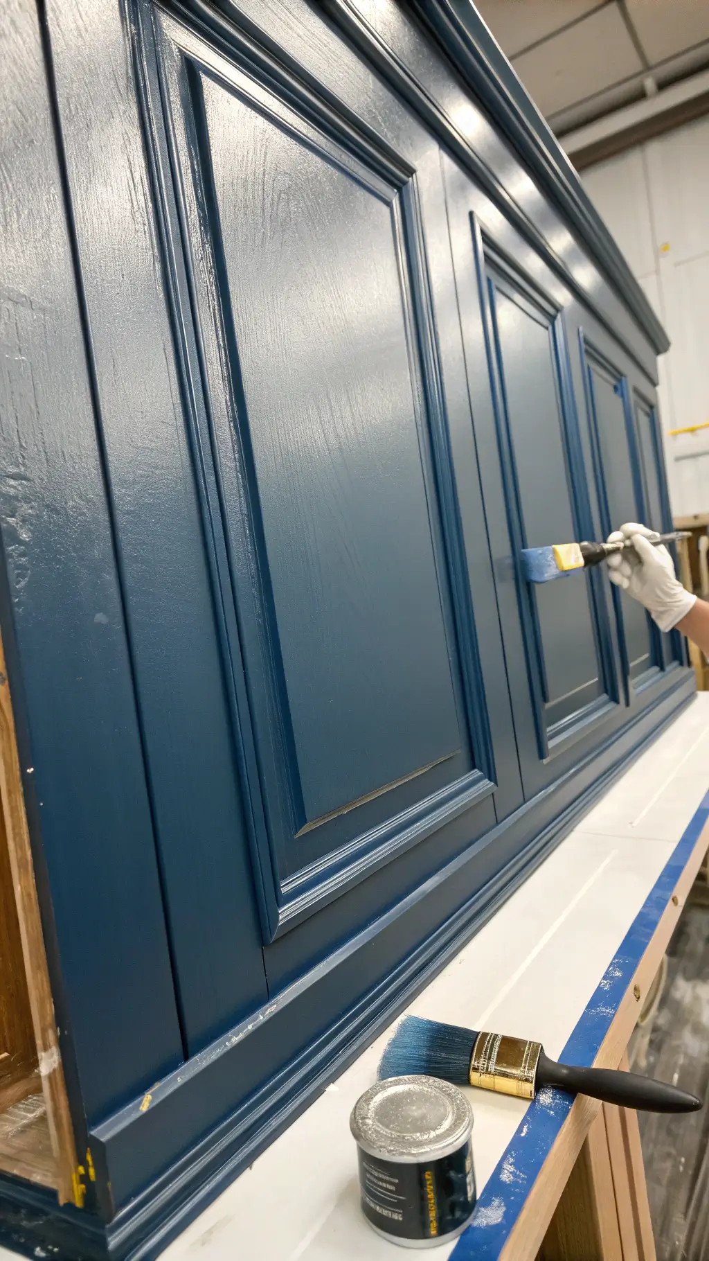 Close-up of a navy blue cabinet door being painted with expert brush strokes under studio lighting.