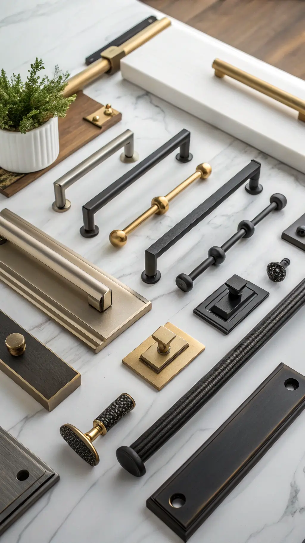 Flat lay of modern cabinet hardware in brushed nickel, matte black, and antique brass on white marble alongside paint swatches and design plans.
