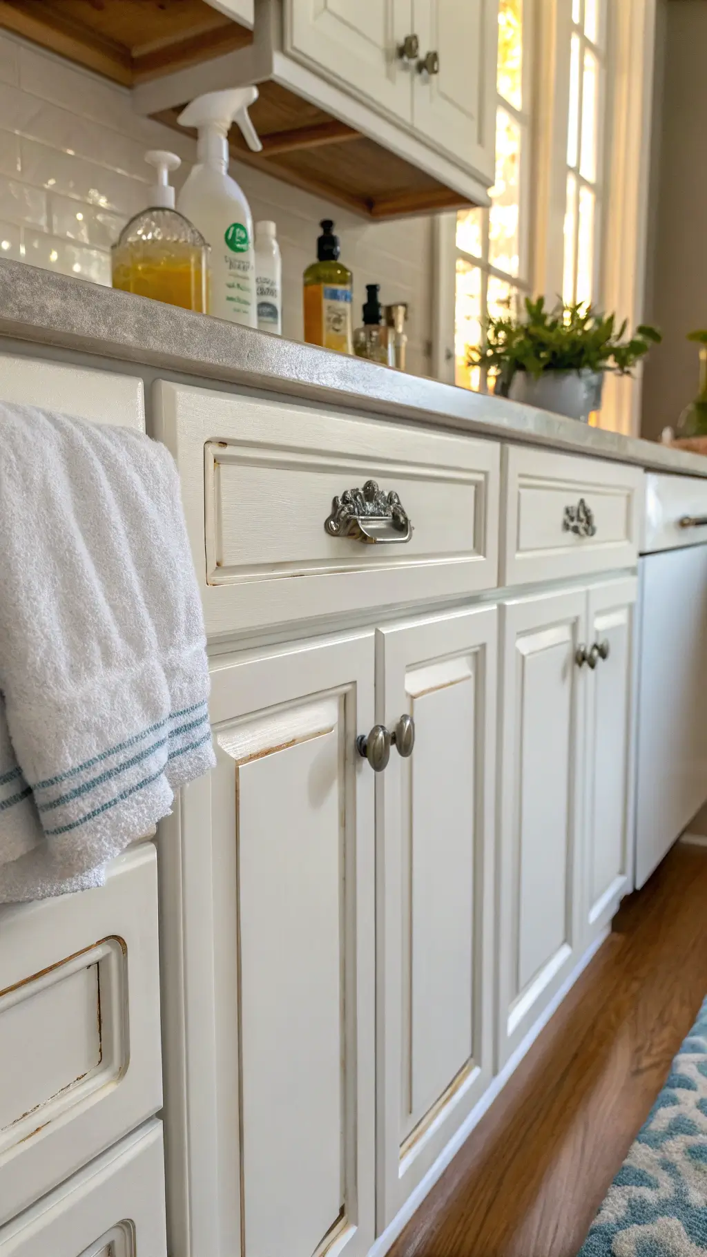 Close-up of a white kitchen cabinet being gently wiped with a soft cloth in natural afternoon light, highlighting the smooth surface and subtle sheen.