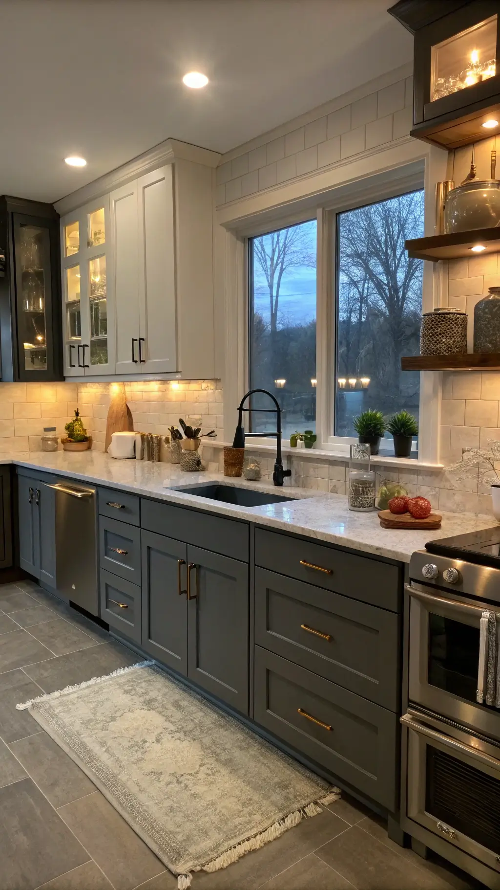 Moody kitchen at dusk with charcoal gray lower cabinets, open shelving, chalk-painted accents, mixed metal fixtures, and artisanal ceramics.