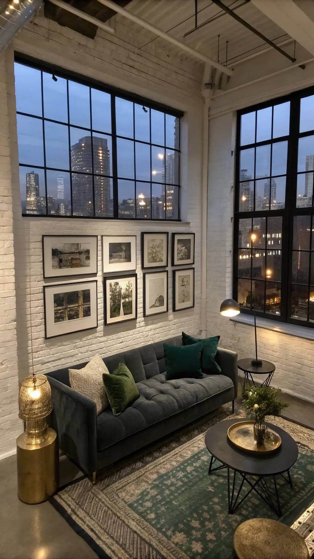 Moody urban living room at dusk with charcoal velvet sofa, whitewashed brick walls, black metal windows showing city view, gallery wall of vintage gold-framed black and white photos, Moroccan brass tables, and sculptural black floor lamp.