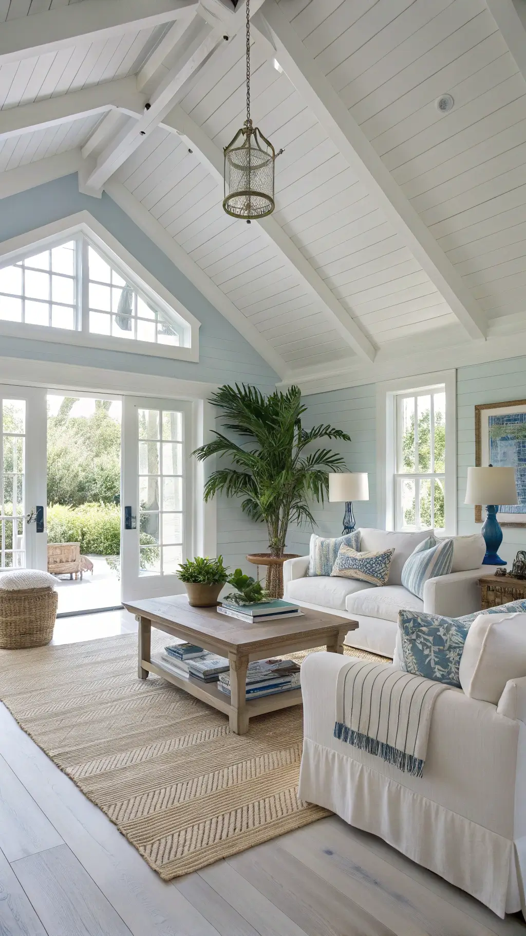 Bright coastal living room with white-beamed ceiling, pale oak herringbone floors, white slipcovered sofas, teak coffee table, and blue-grey wallpaper flooded with natural light.