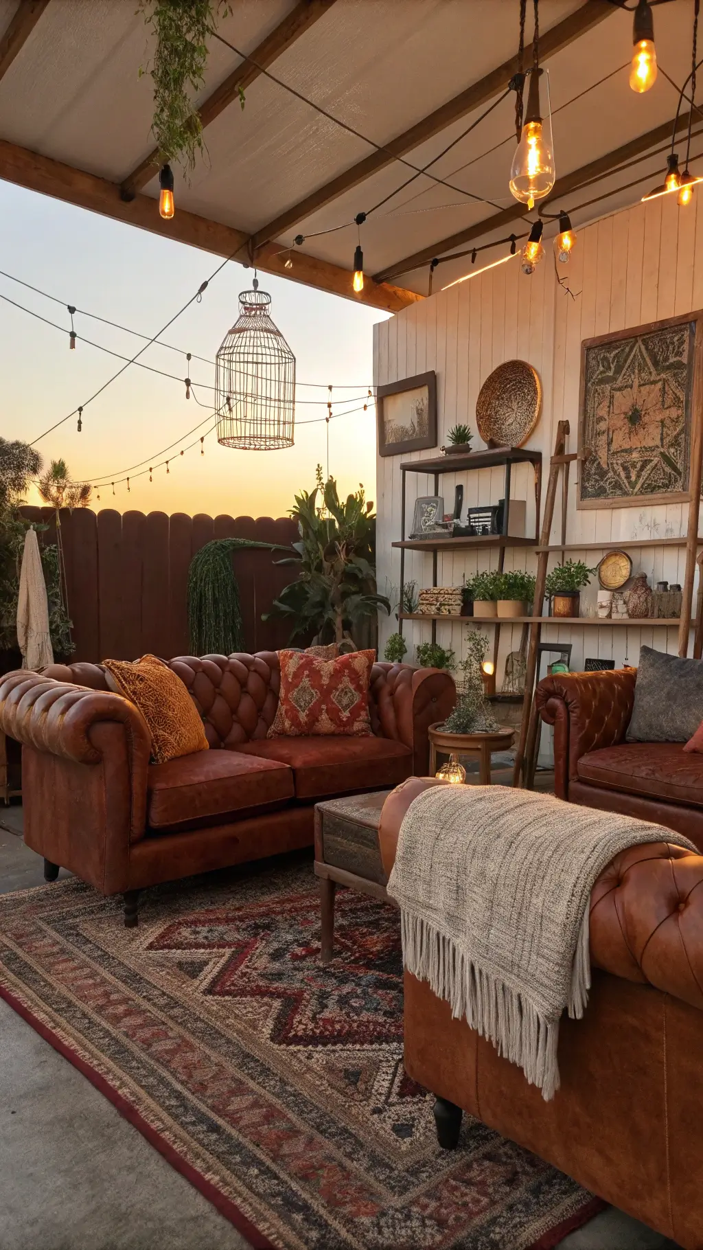 Bohemian 16x20ft living space at sunset with vintage furniture, velvet armchairs, leather Chesterfield sofa, kilim pillows, macramé plant hangers, brass mirrors, and warm amber lighting.