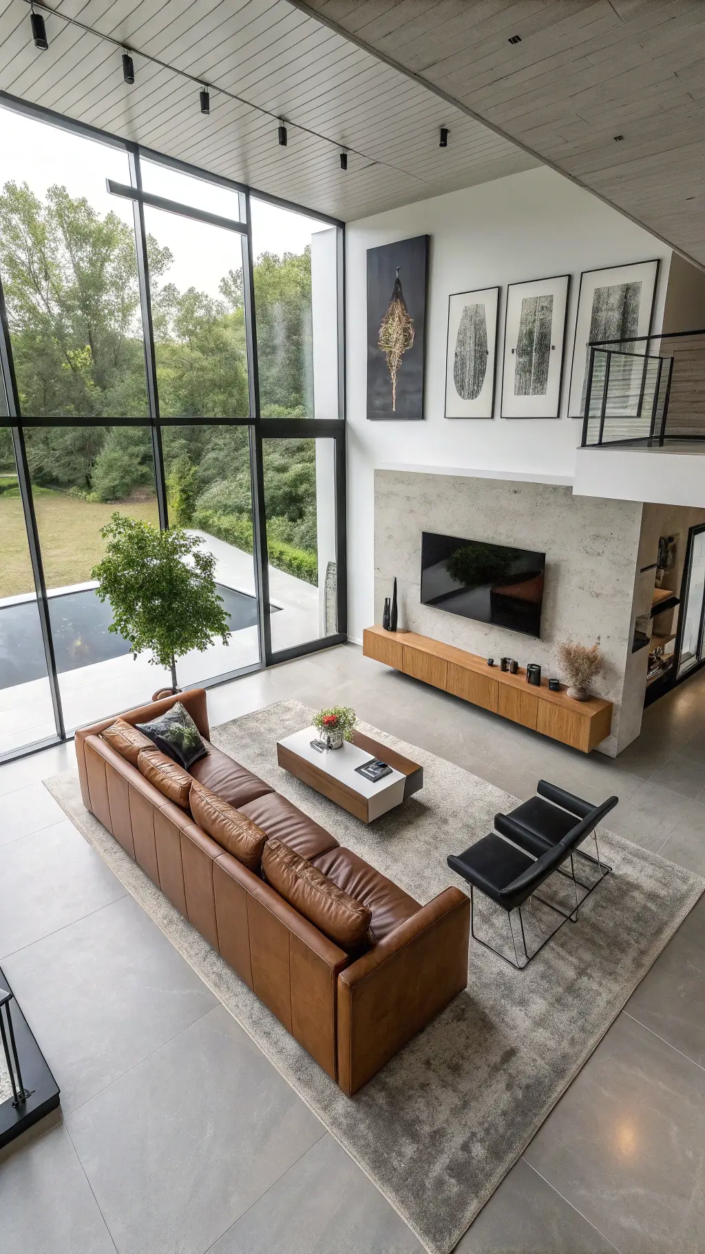 Modern minimalist open-plan living area with cognac leather sectional, concrete floors, floor-to-ceiling windows, and preserved olive tree, viewed from above in morning light.