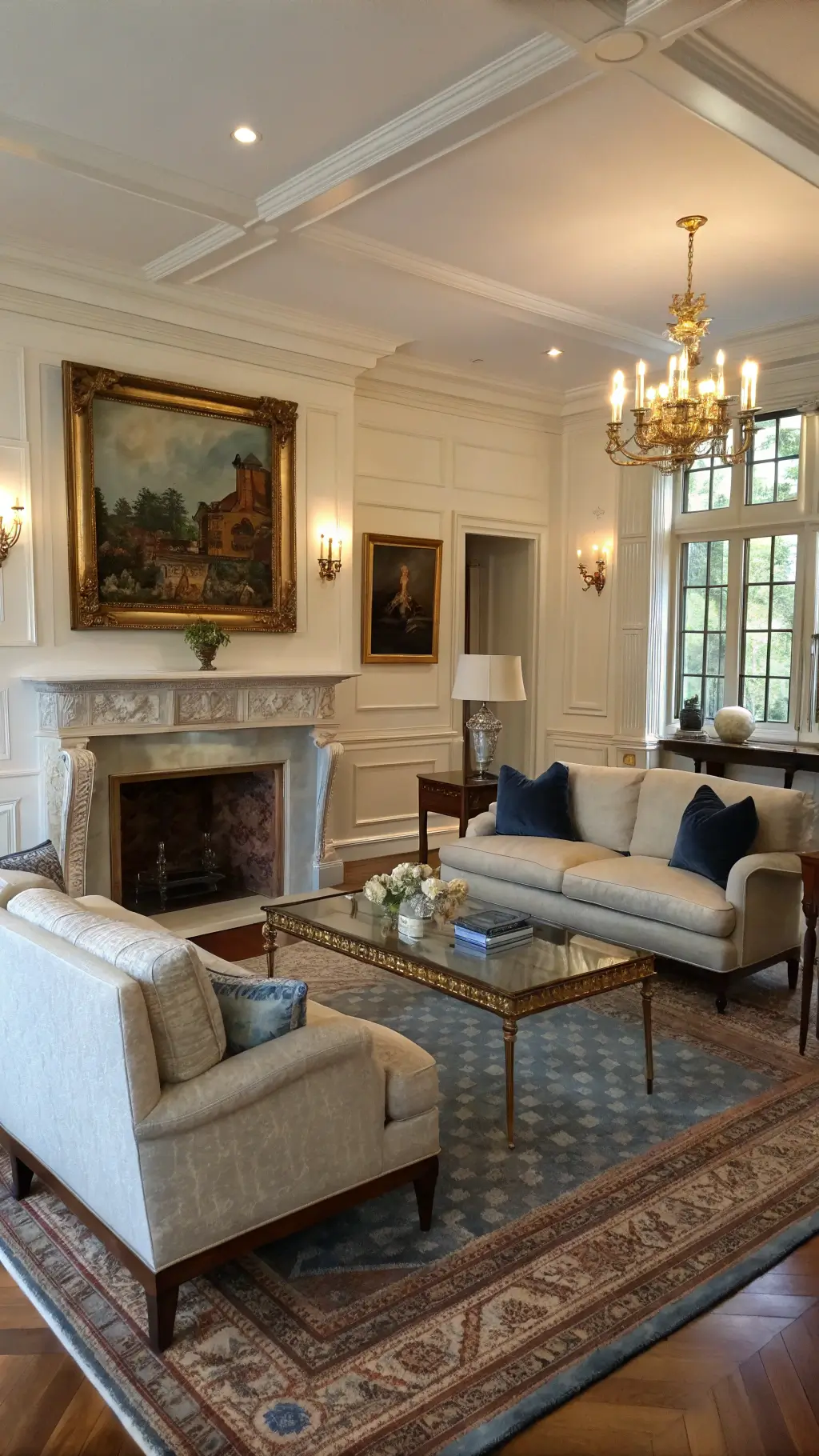 Elegant traditional 19x23ft living room with classic millwork, marble fireplace, ivory linen English roll arm sofa, steel blue velvet wingback chairs, antique Persian rug, brass and glass coffee table, crystal lamps, and gilded oil paintings.