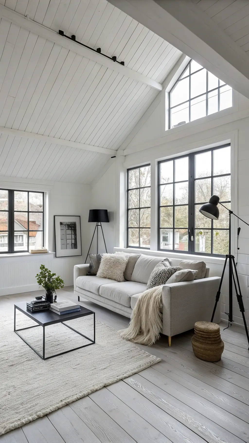 Scandinavian living room with light grey bouclé sectional, black metal accents, and natural light streaming through black steel-frame windows.
