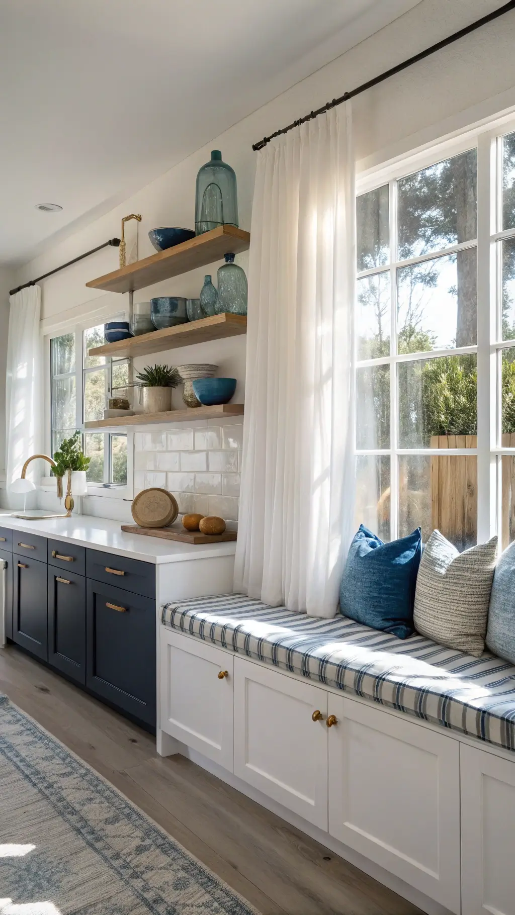 Modern coastal kitchen with navy cabinets, white uppers, brass hardware, and blue ceramic vases on wooden shelves, lit by soft afternoon sunlight.