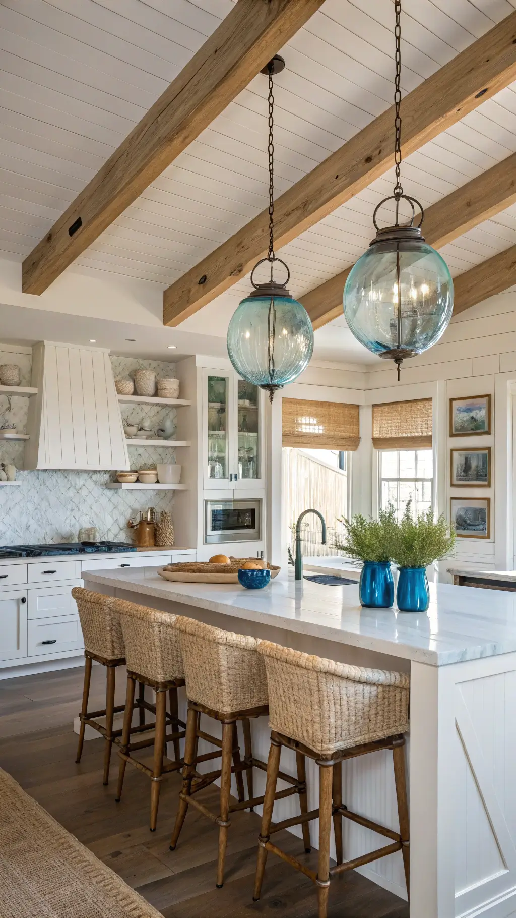 Cozy coastal farmhouse kitchen with wooden beams, marble island, seagrass barstools, and glass pendant lights in warm golden hour lighting.