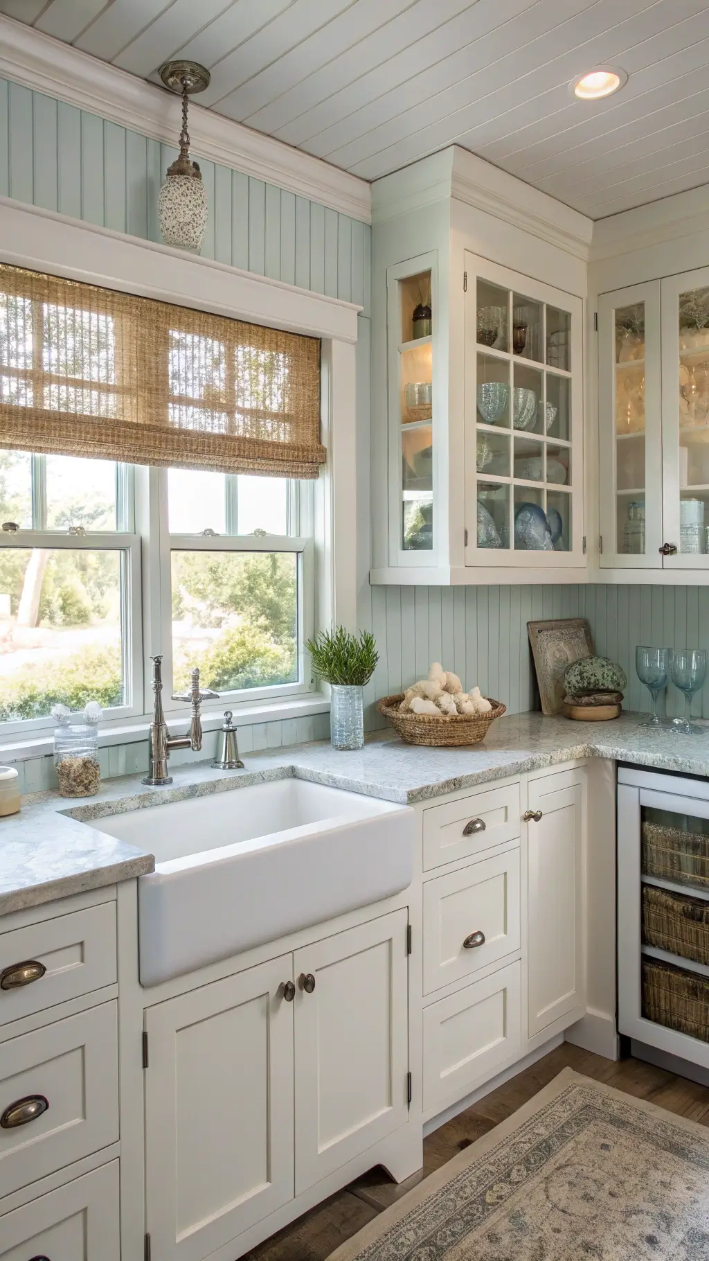 Cozy coastal kitchen with pale blue beadboard walls, cream glass-front cabinets, farmhouse sink, and natural morning light filtering through a woven blind.