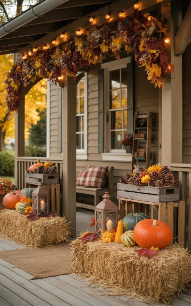 Farmhouse porch with stacked hay bales topped with pumpkins, gourds, and lanterns, surrounded by autumn garlands and plaid cushions.