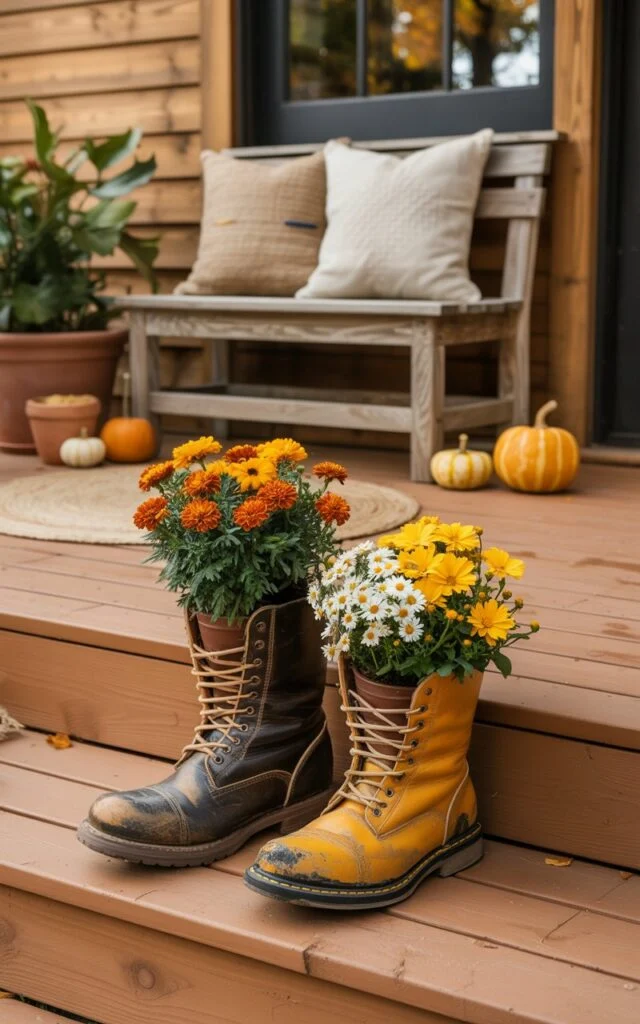 Modern rustic porch with vintage leather boots used as planters overflowing with colorful autumn flowers.
