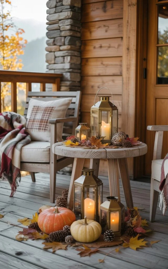 Alpine-chic porch with vintage brass lanterns glowing softly among pumpkins and autumn leaves.