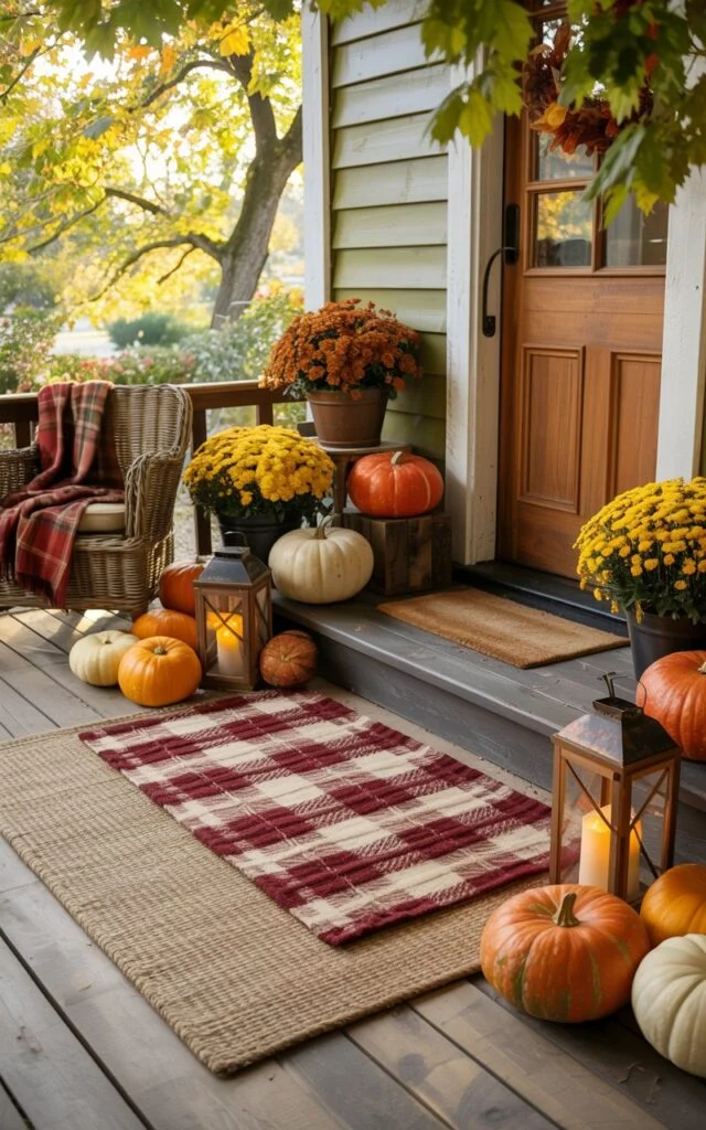 Farmhouse porch with layered jute and plaid doormats surrounded by pumpkins and mums.