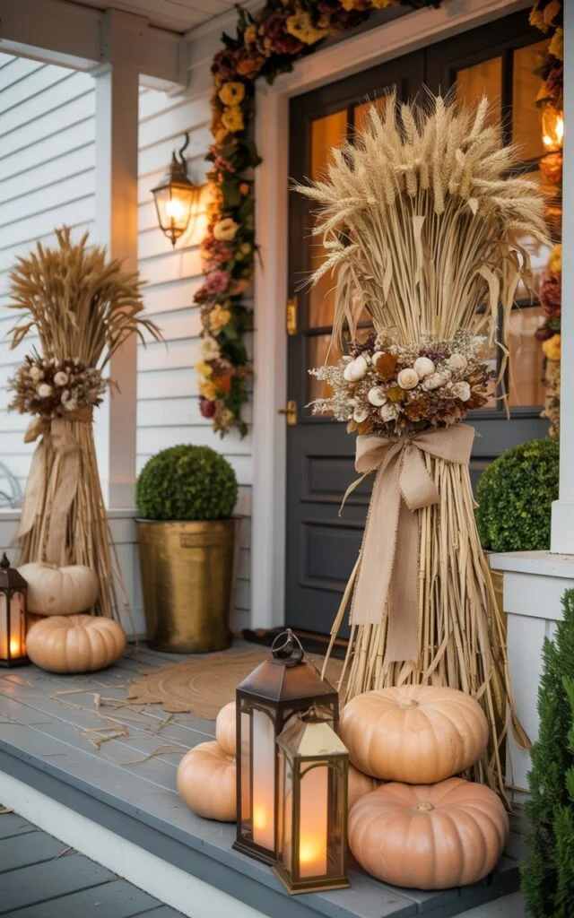 Cottagecore porch with tall cornstalks and wheat bundles tied with burlap ribbons, accented by pumpkins and lanterns.