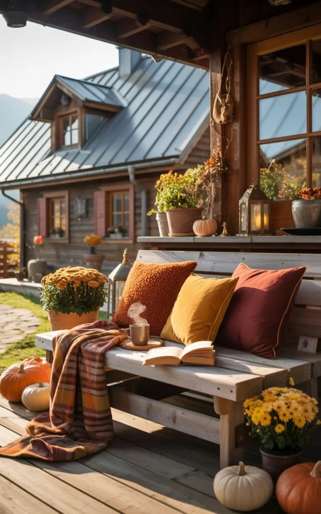 Alpine-chic porch with a weathered wooden bench adorned with plush pillows in burnt orange, mustard, and burgundy.