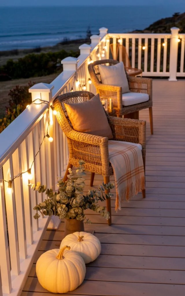 California coastal porch with string lights draped over white railings, decorated with white pumpkins and dried eucalyptus.