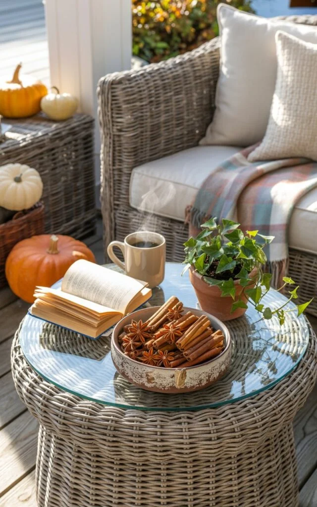 Coastal porch with a ceramic bowl filled with cinnamon sticks and star anise on a glass-top side table.