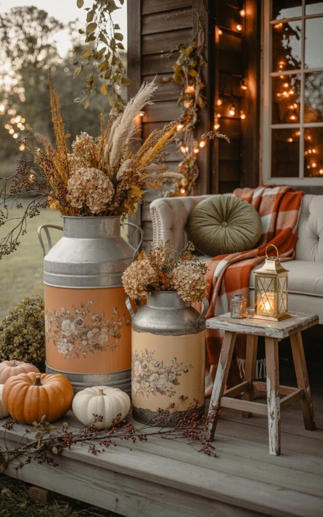 Cottagecore porch featuring painted vintage milk cans filled with dried hydrangeas, wheat stalks, and berry branches.