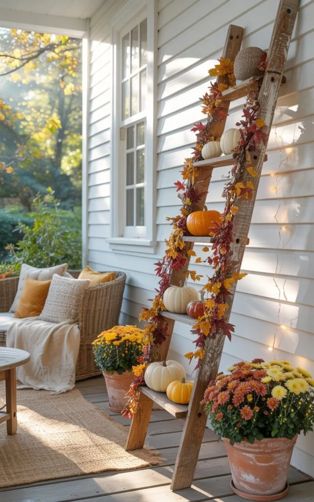 Coastal-chic porch with a weathered wooden ladder decorated with fall leaf garlands, mini pumpkins, and twinkle lights.