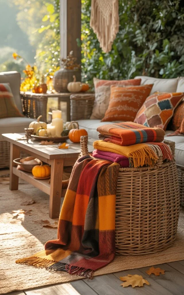 Bohemian-style porch with a woven basket overflowing with plaid throws in autumn colors.