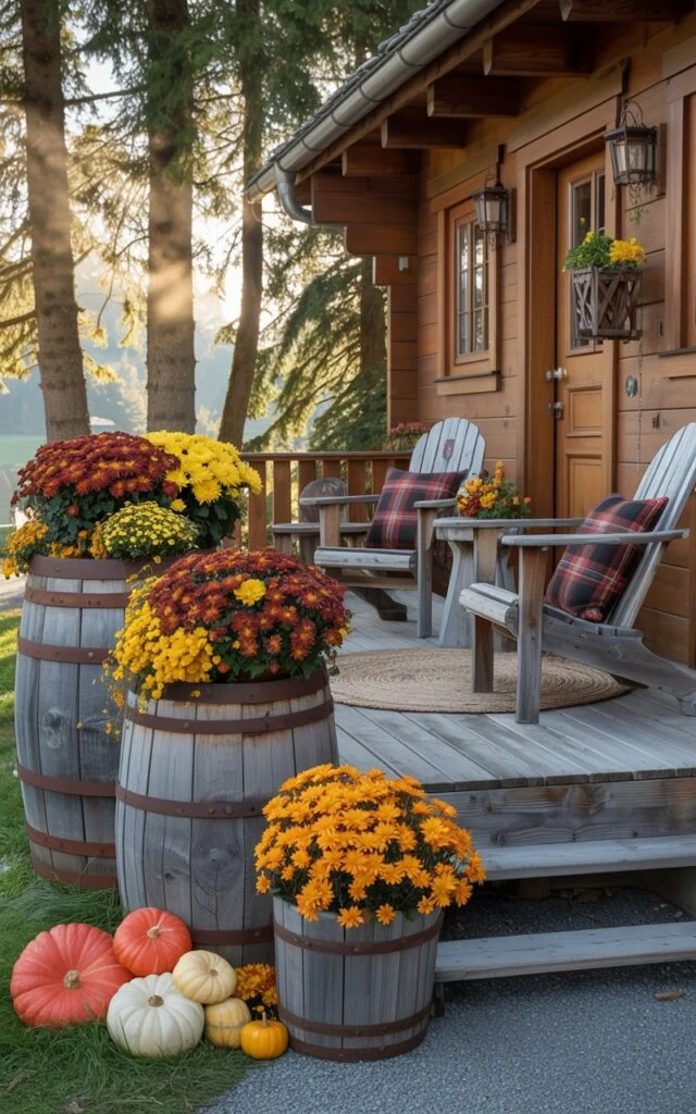 Alpine-style porch with wooden barrels filled with chrysanthemums, marigolds, and decorative pumpkins.