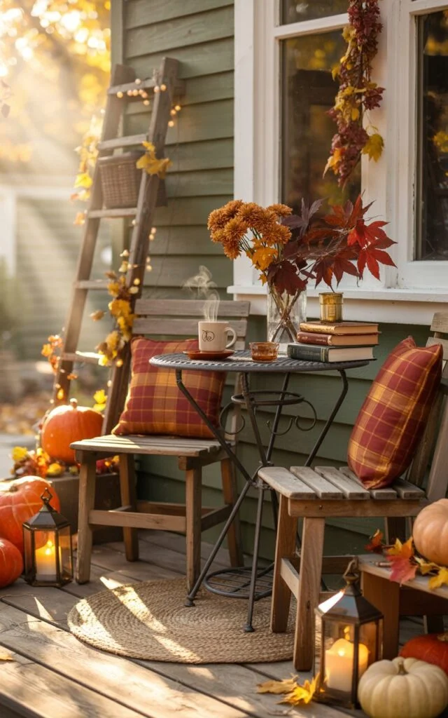 Vintage-style porch with a wrought iron bistro table set for coffee, decorated with fall flowers and plaid cushions.