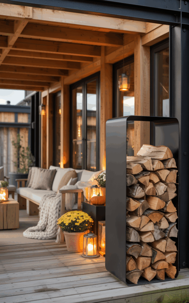 Modern rustic porch with a sleek black metal firewood rack filled with neatly stacked logs beside cozy seating.