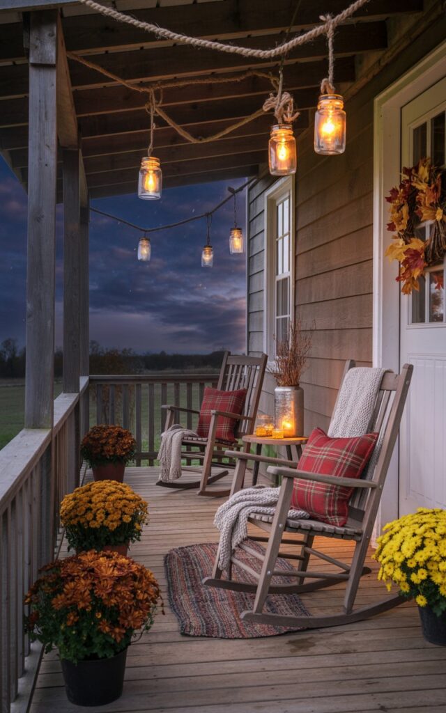 Rustic farmhouse porch at night with mason jar lanterns hanging from the ceiling by twine, glowing warmly.