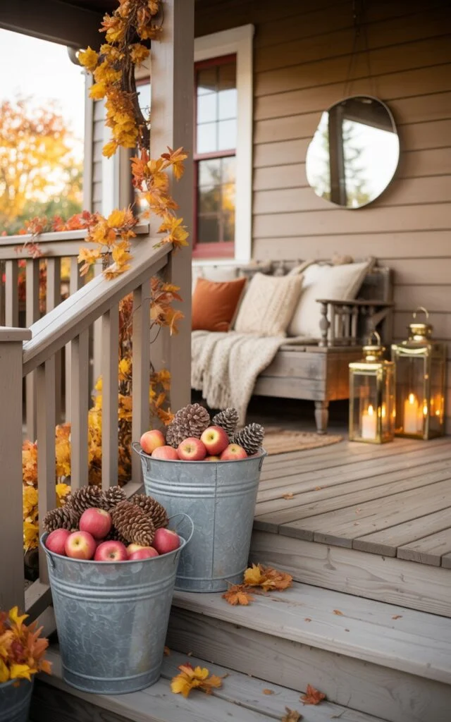 Farmhouse porch with galvanized buckets filled with red apples and pinecones, surrounded by cozy seating and autumn decor.
