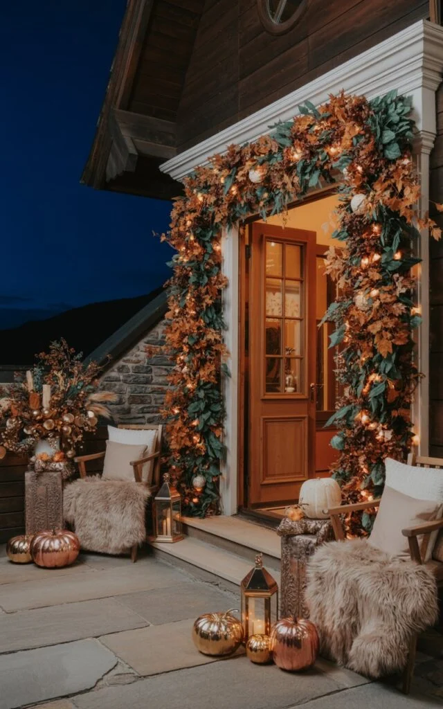 Alpine chic porch with a wooden doorway framed by lush garlands of autumn leaves and twinkling fairy lights.