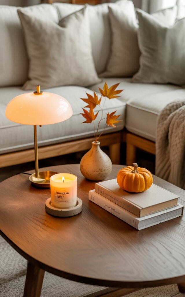 A minimalist coffee table with a pumpkin spice candle on a ceramic holder, stacked books, and dried maple leaves in a Japandi-style living room.